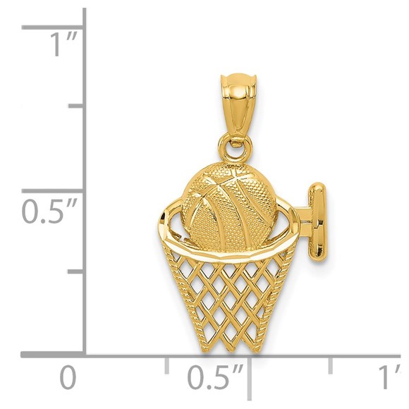 14k Yellow Gold Genuine Sports Basketball in the Net Necklace Charm Pendant - Picture 4 of 4